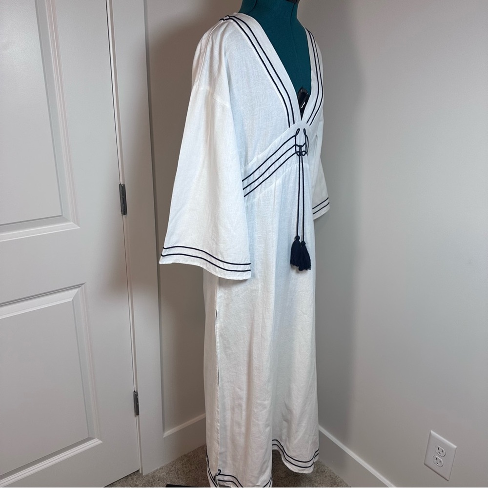 White Maxi Dress with Navy Trim and Tassel Tie - Picture 8 of 13